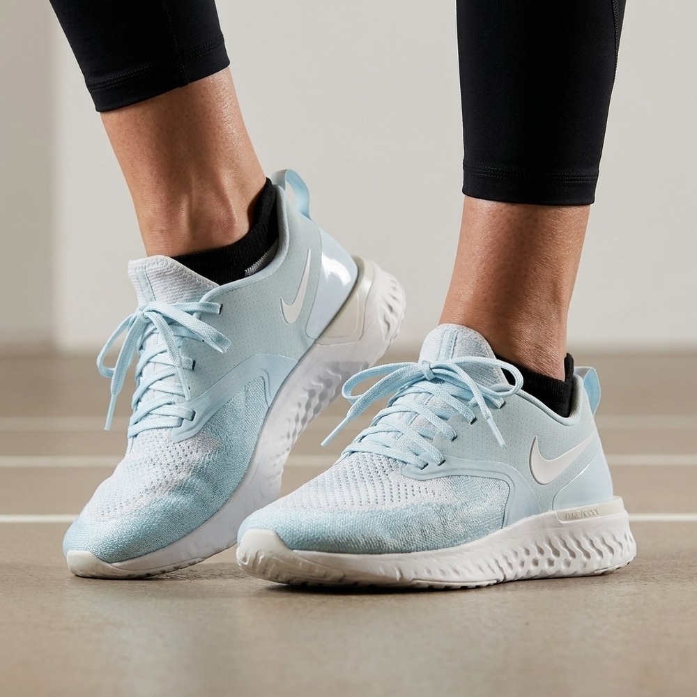 NIKE Womens Odyssey React Sneakers Light Blue Flyknit Athletic Sporty